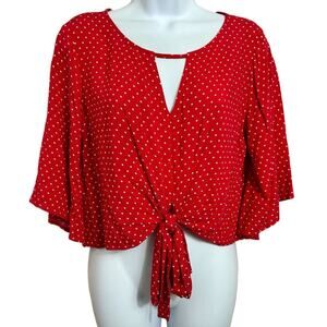 Mossimo Red Polka Dot Blouse Sz XS Front Tie V-Neck Keyhole Top Rockabilly Retro